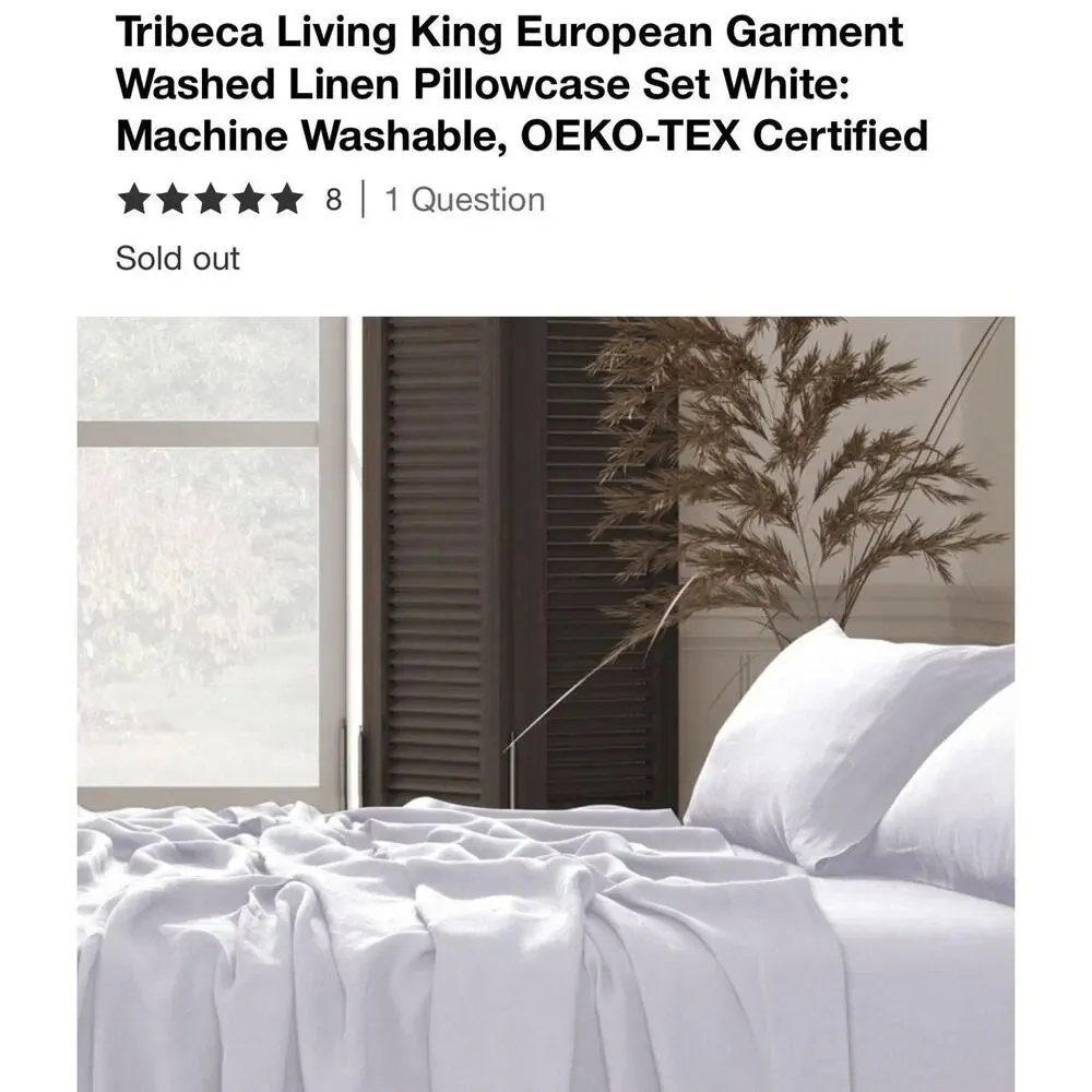 100% Linen King Pillowcase White Oeko-Tex Certified Tribeca Living Set 2 / Pair
